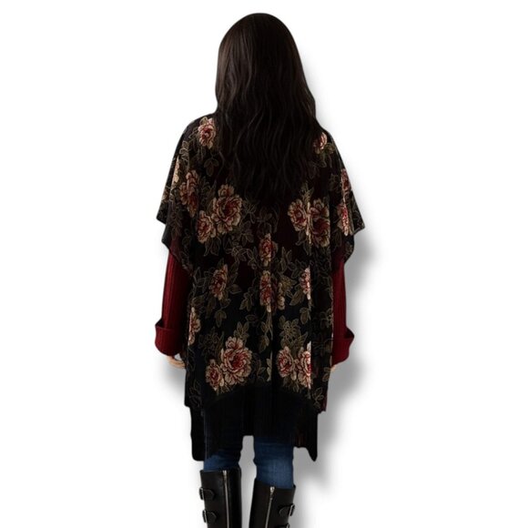 NWT Black Red Floral Velvet Fringe Kimono Jacket - Picture 3 of 4